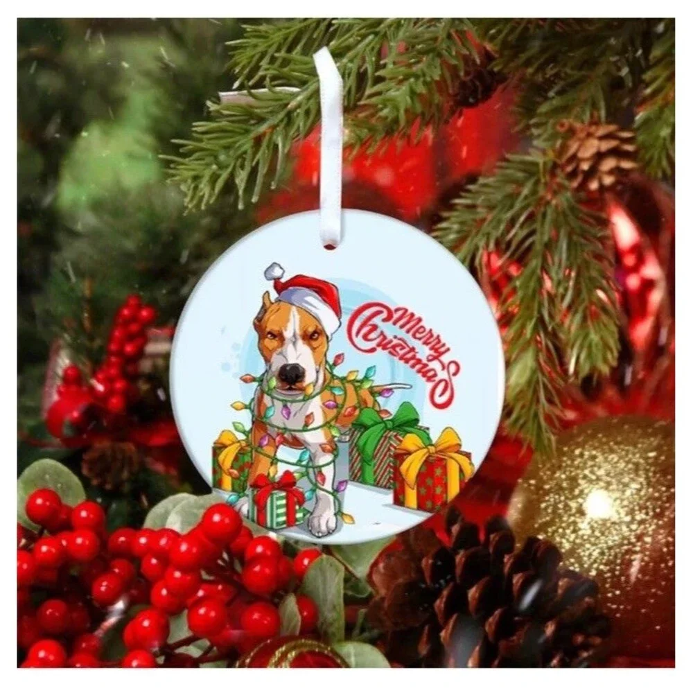 Pit Bull Dog Lover Santa Hat Picture on Ceramic Ornament Christmas Ornament